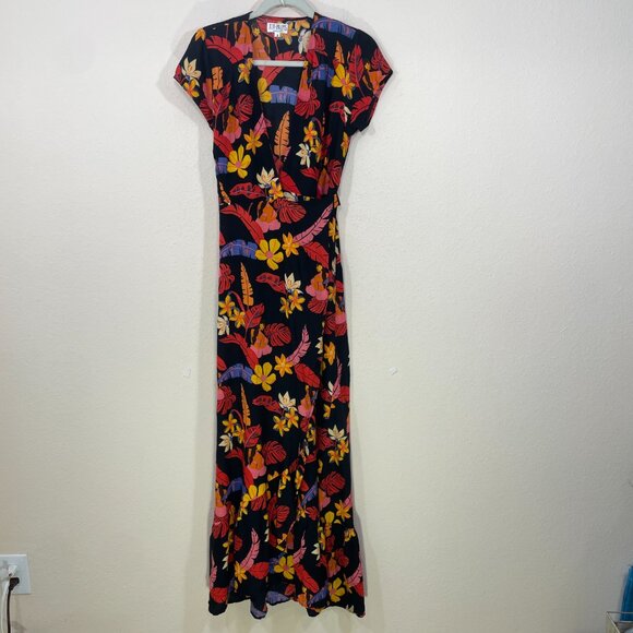 XIX Palms Hawaii Maxi Wrap Dress Size S  Floral Long Rayon Short Sleeve Resort - Picture 1 of 8